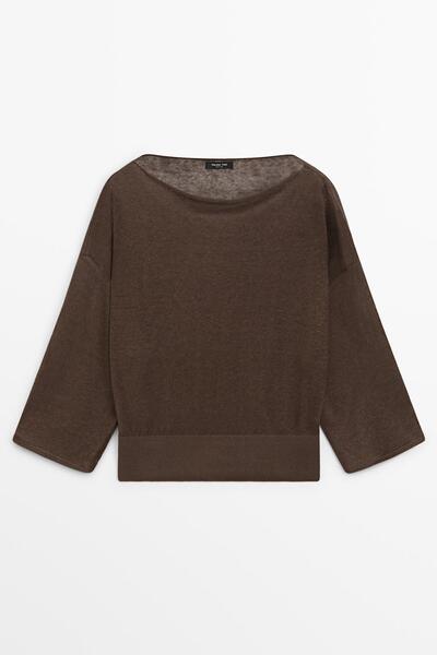 Massimo Dutti Keten karışımlı geniş yaka triko t-shirt