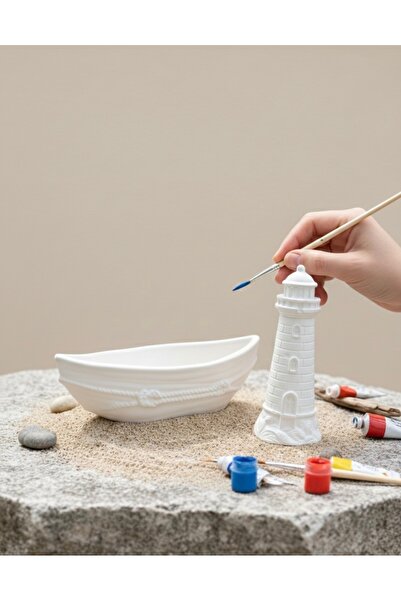 X ATÖLYE Gemi / Deniz Feneri Taş Obje / Dekorasyon / Boyama Taşı / Hediye