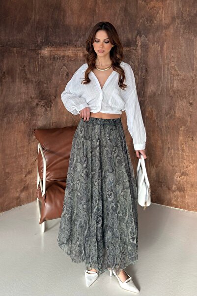 BEJNA Women's Patterned Pleated Asymmetrical Chiffon Skirt