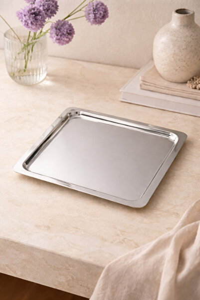 DİVAYS Stainless Steel Square Presentation Tray Luxury Silver Color Coffee Se...