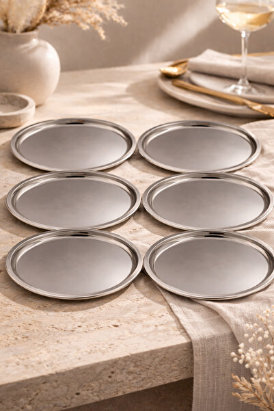 DİVAYS 6 Pieces 31 cm Stainless Steel Silver Presentation Serving Tray Set