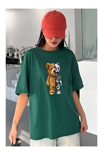 ship master Green Women's Teddy Bear Robot Printed Cotton T-Shirt Oversize Un...