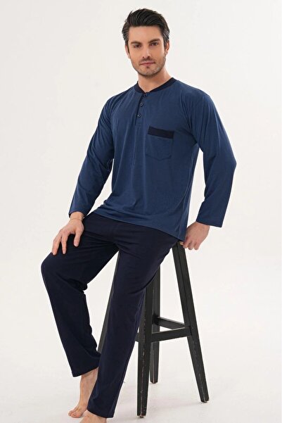 markalinda Long Sleeve 100% Cotton Plus Size Buttoned Collar Men's Pajama Set