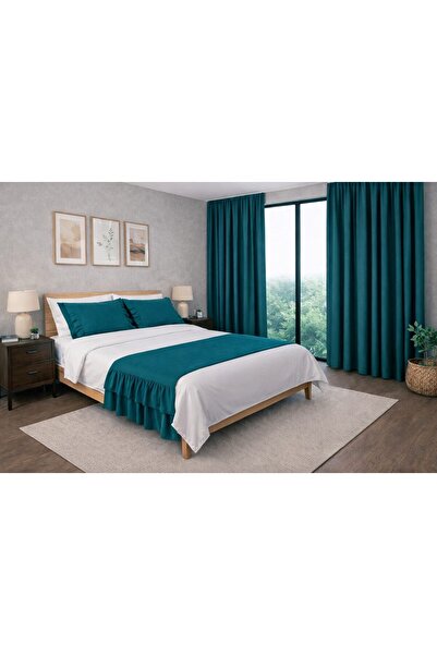 NAKKAŞİ ZARİF Petrol Green Bed Runner and Background Curtain Set