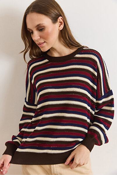 Olalook Women's Brown Striped Openwork Oversize Seasonal Knitwear Blouse Blz-...