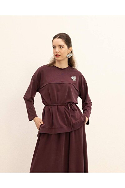 My Magazin Women's Cotton Brooch Detailed Skirt Suit 7462