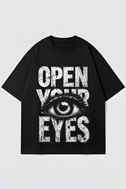 FUWEAR Open Your Eyes Design Unisex Black Oversize T-Shirt