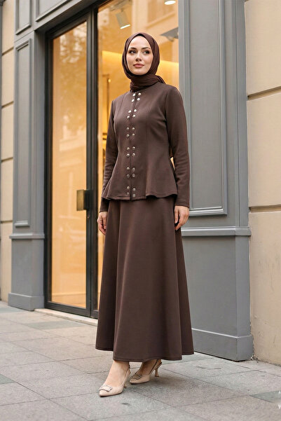 MODAQU Costum de scuba cu fustă cu volane și detalii cu nasturi dubli – Maro ...