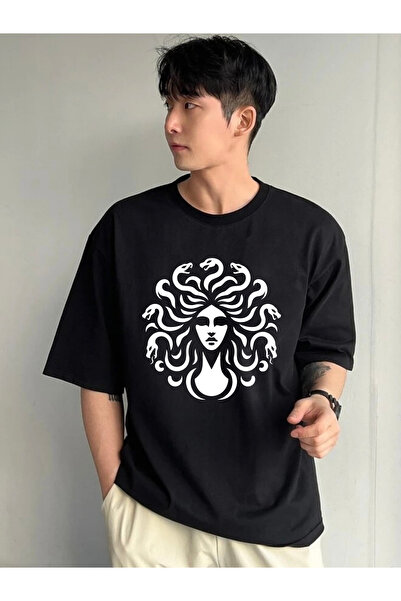 Rivox Unisex Black Oversize T-Shirt Cotton Fabric with Snake Print
