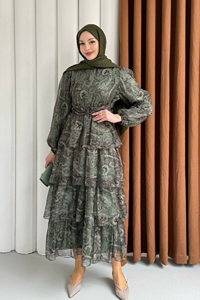 Modaensarbutik Etnik Desen Kat Katlı Kemerli Şifon Tesettür Elbise-YEŞİL