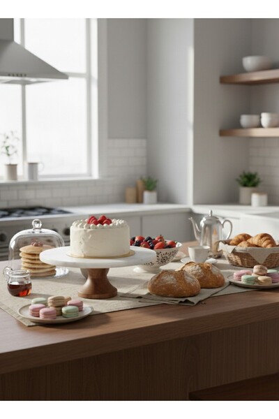 FARALYAHOME Natural White Marble Footed Cake Stand 25 cm Darbuka Wooden Stand...