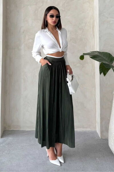 Caddebostan Moda High Waist Pleated Long Skirt Stylish and Comfortable Cut Ma...