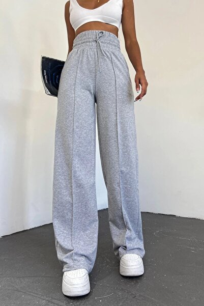 Eva Sunset Women's Gray Extra High Waist Striped Wide Leg Sweatpants