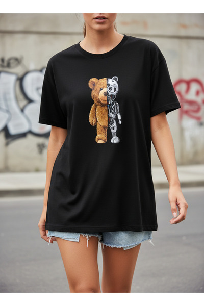 ship master تي شيرت قطني مطبوع عليه روبوت تيدي بير للنساء باللون الأسود، تي ش...