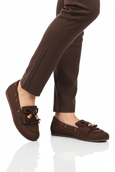 AYAKMOD حذاء باليه نسائي من جلد الغزال البني خفيف الوزن ومرن 572488 Z