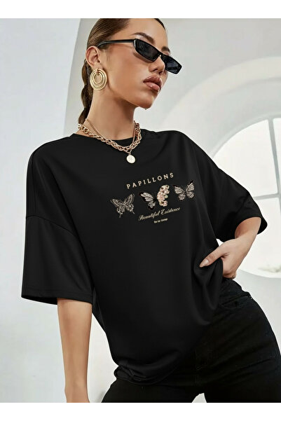 ship master Tricou negru din bumbac cu imprimeu fluturi pentru femei, tricou ...