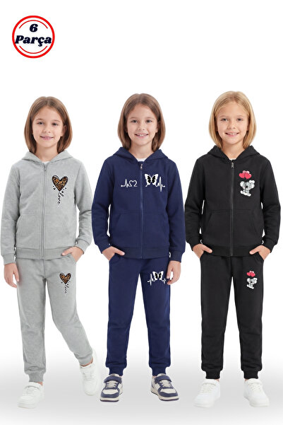 panios kids Set de trening pentru fete, 6 piese, cu glugă cu fermoar și impri...