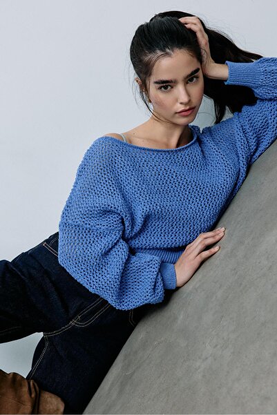 Stradivarius File örgülü kayık yaka kazak