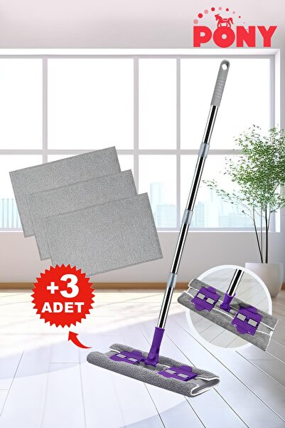 Pony Mandallı Mop + 3 Yedek Mikrofiber Yüzey Temizlik Seti Paspas Yer Duvar C...