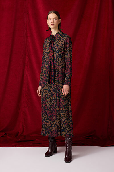 Jus De Pommes DESENLİ GÖMLEK YAKA KUŞAKLI MİDİ BOY ELBİSE