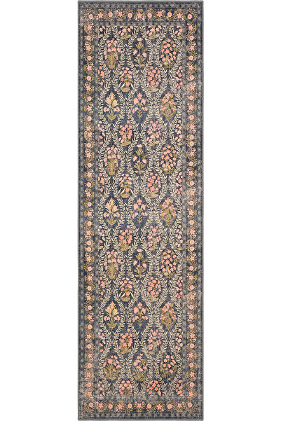 Cool Halı Daisy Lacivert Renkli Vintage Halı Makinada Yıkanabilir Retro Rusti...