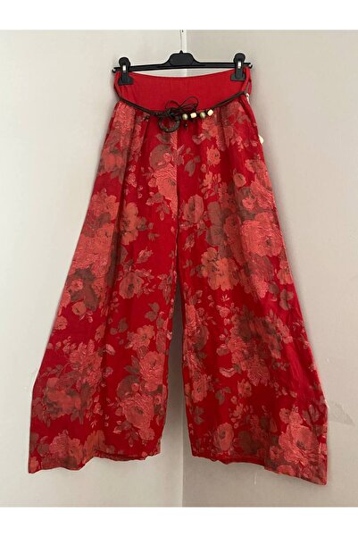 AYASOFYA OTANTIK Women's Italian Red Rose Patterned Wide-Legged Linen Trouser...