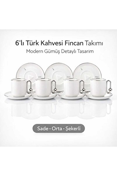 Ogeda Home, Mien Sade Orta Şekerli 6 Kişilik Gümüş Kare Kulplu Türk Kahvesi F...