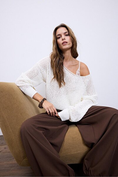 Stradivarius File örgülü kayık yaka kazak