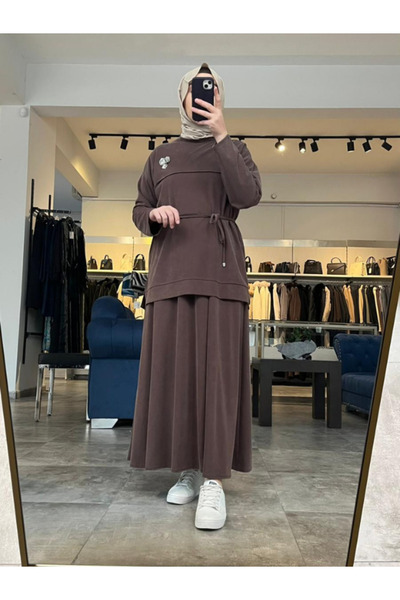 My Magazin طقم تنورة نسائية مزينة بالبروش القطني 7462