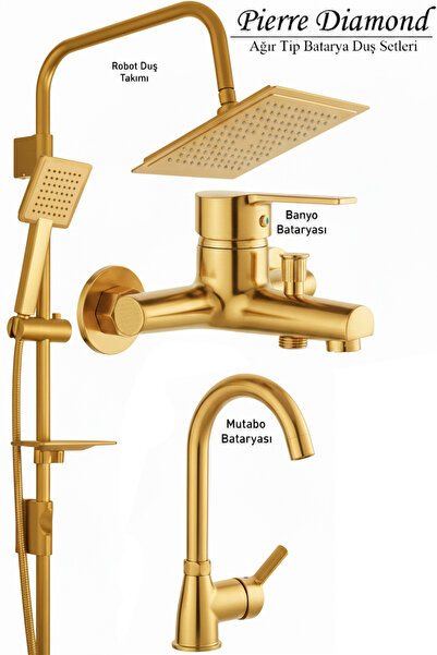 tesitay Lüks Banyo Lavabo Bataryası ve Robot Duş Takımı Gold Renk