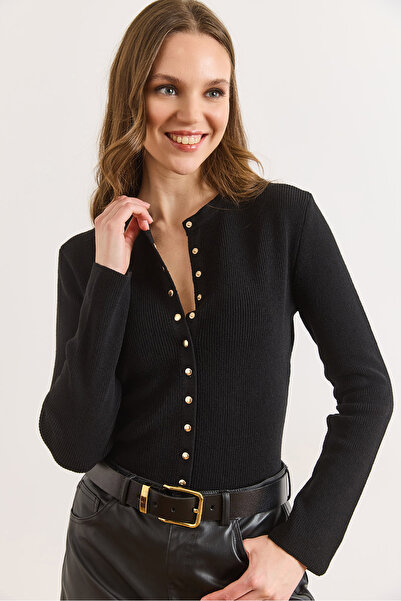 Olalook Women's Black Crew Neck Buttoned Soft Textured Knitwear Blouse Blz-19...