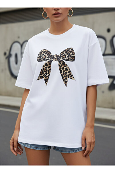 ship master Tricou de damă din bumbac cu imprimeu leopard alb, cu fundă, eleg...