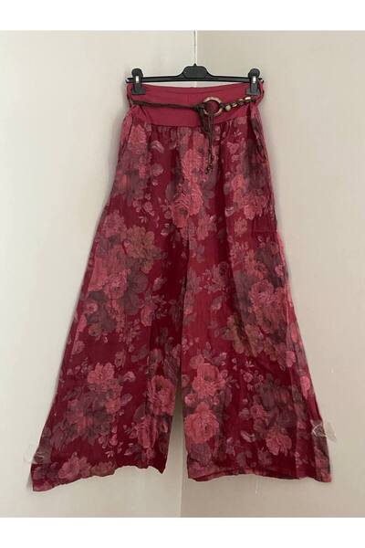 AYASOFYA OTANTIK Women's Italian Burgundy Rose Patterned Wide-Legged Linen Tr...