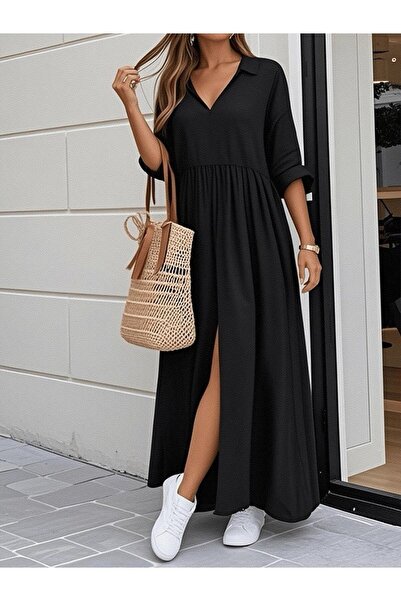 kendim fashion Women's Three Quarter Sleeves V-Neck Slit Long Aerobin Dress