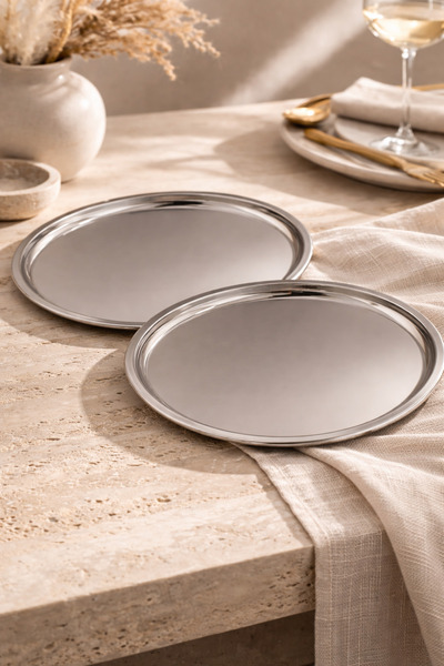 DİVAYS 2 Pieces 31 cm Stainless Steel Silver Presentation Serving Tray Set