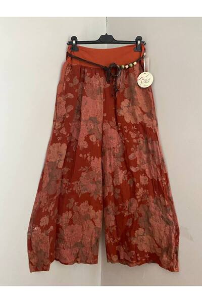 AYASOFYA OTANTIK Women's Italian Tile Rose Patterned Wide-Legged Linen Trouse...