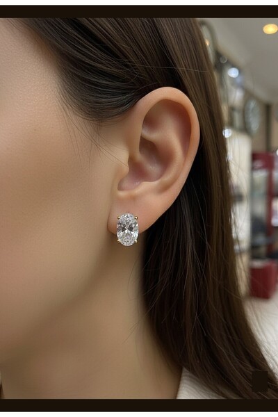 Erer Gümüş Gümüş oval 12x8 mm 4,5 carat altın kaplama tektaş küpe