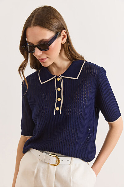 Olalook Women's Navy Blue Stripe Detailed Polo Collar Openwork Knitwear Blous...