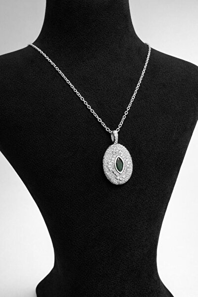 LuneraDesign Steel Green Stone Oval Design Necklace – Elegant and Stylish Wom...