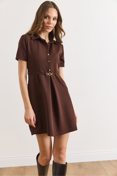 Olalook Women's Brown Half-Length Buttoned Belted Mini Flared Dress Elb-19002591