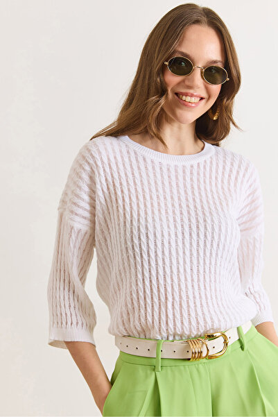 Olalook Women's White Hair Knitted Openwork Loose Fit Seasonal Knitwear Blous...