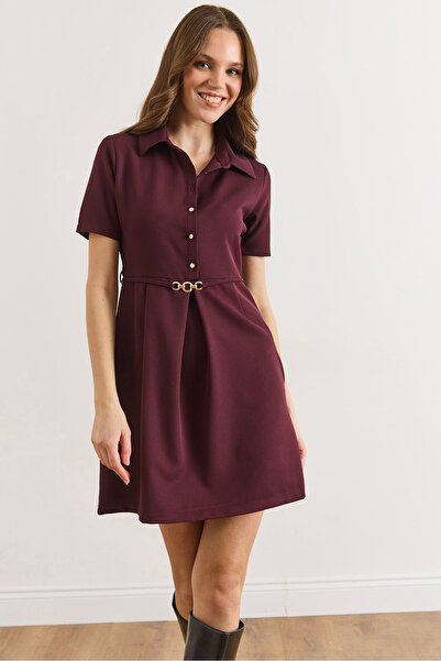 Olalook Women's Plum Half Buttoned Belted Mini Flared Dress Elb-19002591
