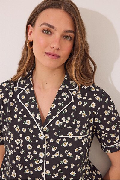 Perspective Women Secret Black Shirt Collar Daisy Patterned Shorts Pajama Set
