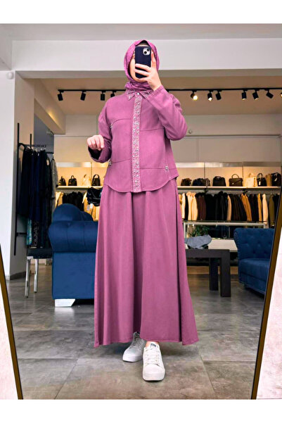 My Magazin Women's Stone Detailed Shirt Skirt Cotton Set 7502