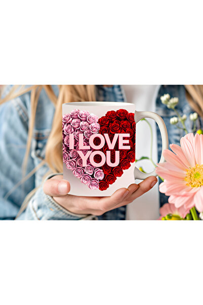 Evion Love You Written Flower Heart Mug |   Romantic Gift Mug 330 ml