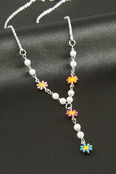 ZERO LAND Storozal Daisy Enamel Pearl Y Necklace - (142738) Silver Color