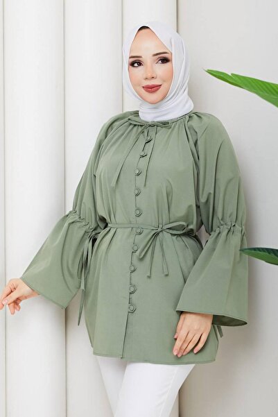 HİFADEN Women's Tie-Up Balloon Sleeve Buttoned Hijab Shirt