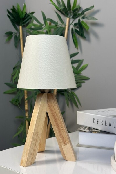 Bamyum Cotella Küçük Beyaz Ahşap Tripod Gövde Masa Lambası Dekoratif Abajur Ç...