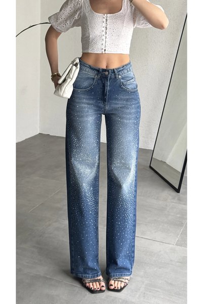 asfamoda Women's Blue Stone Wide Leg Jean Trousers High Waist Loose Leg Denim