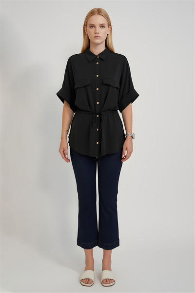 Perspective Black Classic Collared Belted Shirt